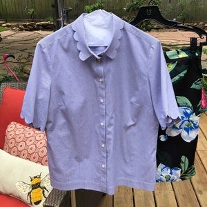 SCOLLOPED BLOUSE Medium was worn with the black/blue skirt.